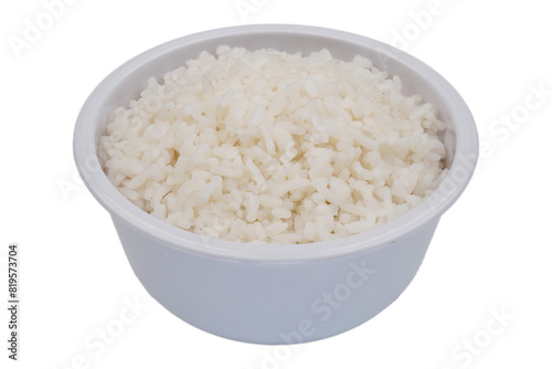 Well cooked white rice in a white bowl isolated transparent