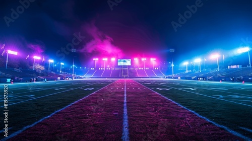 American Football Stadium Neon Lights: A photo of an empty American football stadium illuminated by neon lights photo