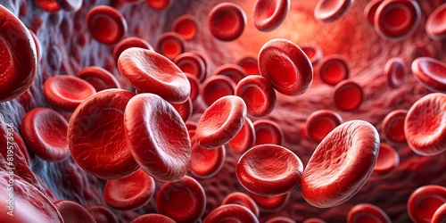 Red blood cells flow in human veins, medical background. Macro view of erythrocyte platelets