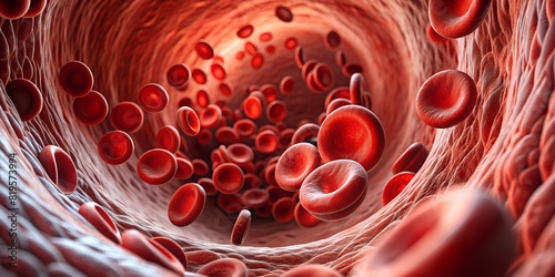 Red blood cells flow in human veins, medical background. Macro view of erythrocyte platelets