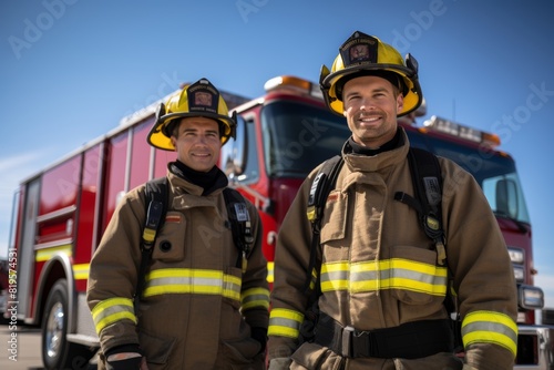 two firefighters next to a fire truck on a bright, clear day 