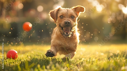 Joyful MixedBreed Dogs Energetic Chase of a Ball in a Vibrant Digital Collage photo