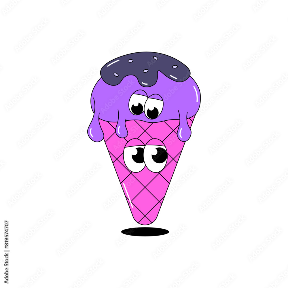 Trendy psychedelic sticker ice cream. A scoop of ice cream with chocolate in waffle cone with funky faces. Cute character dessert mascot in groovy style. Vector illustration for menu, cafe Trendy psychedelic sticker ice cream. A scoop of ice cream with chocolate in waffle cone with funky faces. Cute character dessert mascot in groovy style. Vector illustration for menu, cafe