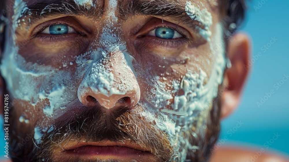 The man is looking straight into the camera, looks upset, has a beard and his face is covered in a thick layer of white sunscreen The man is looking straight into the camera, looks upset, has a beard and his face is covered in a thick layer of white sunscreen