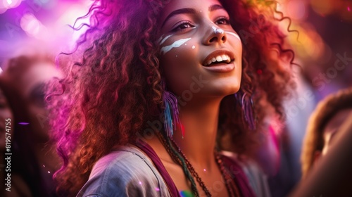 young women at a music festival. Faces convey emotions. The scene is dominated by violet and magenta colors.