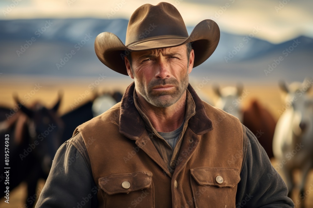 serious Montana cowboy on his ranch on an autumn day. Behind him are his cows serious Montana cowboy on his ranch on an autumn day. Behind him are his cows