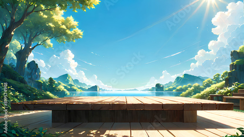 Picture of a wooden plank with a natural background with trees and mountains for product display. photo