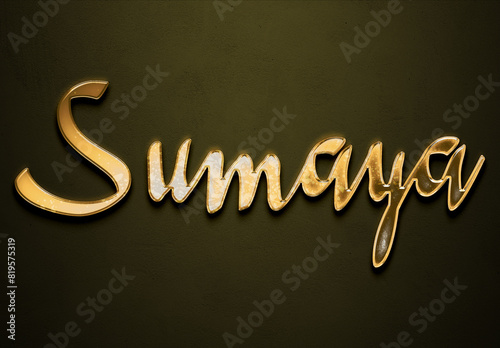 Old gold text effect of Arabic name Sumaya with 3D glossy style Mockup	. photo