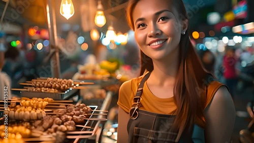 Smiling Vendor at Night Street Food Market with Ai generated.
