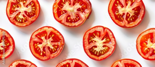 A vibrant pattern of fresh, sliced tomatoes arranged on a white background, showcasing their red color and juicy texture.