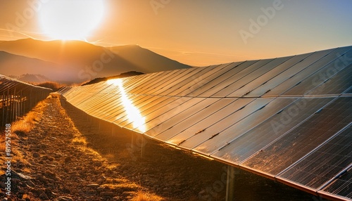 solar power plant, solar panels on the roof, radio telescope at sunset, satellite dish on the roof of house, landscape of the mountains, Desert heliostat mirrors for concentrating solar power - green 