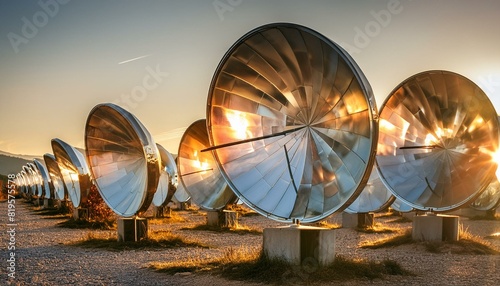 solar power plant, solar panels on the roof, radio telescope at sunset, satellite dish on the roof of house, landscape of the mountains, Desert heliostat mirrors for concentrating solar power - green 