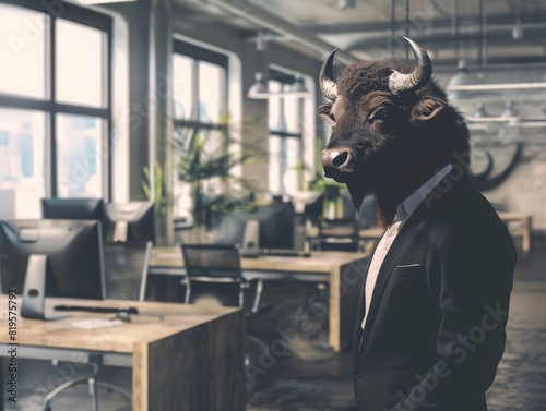 A buffalo in a suit standing in a corporate office photo
