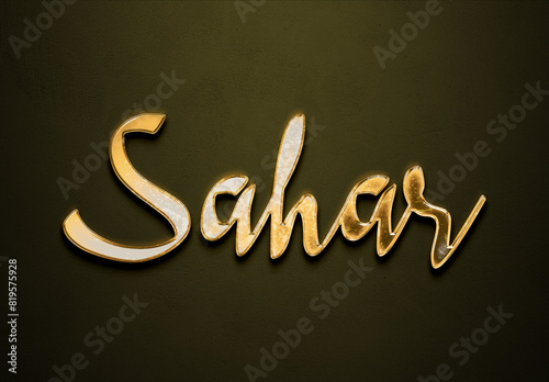 Old gold text effect of Arabic name Sahar with 3D glossy style Mockup	. photo
