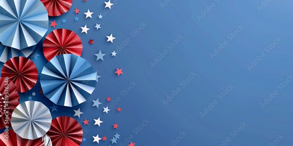 Celebrate America's freedom with a patriotic banner featuring a cerulean backdrop, paper stars, and a paper fan in red, white, and blue. Perfect for greeting cards, flyers, and posters.