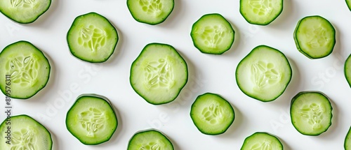 Ahealthy snack option, cucumber slices arranged on a white background, showcasing fresh, green, crunchy textures ideal for salads or garnishes. photo