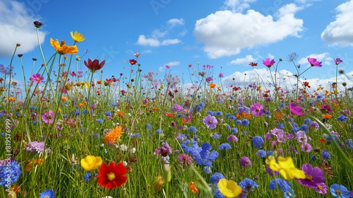 A field of vibrant wildflowers swaying in the breeze  their colorful petals creating a beautiful carpet of blooms under the open sky. 32k  full ultra HD  high resolution