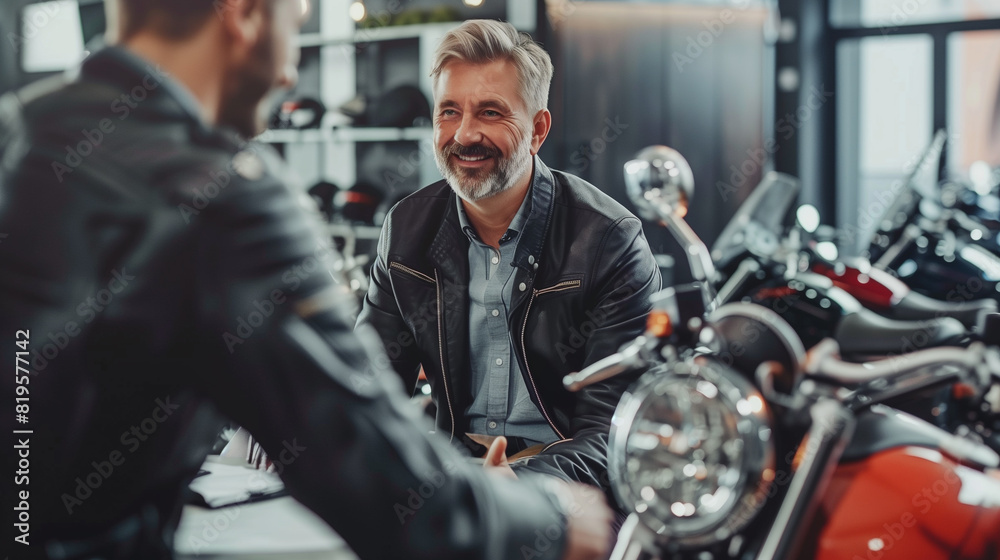 A scene of a customer and a salesman in a motorcycle dealership, discussing details of a potential purchase, demonstrating customer service and sales interactions. A scene of a customer and a salesman in a motorcycle dealership, discussing details of a potential purchase, demonstrating customer service and sales interactions.