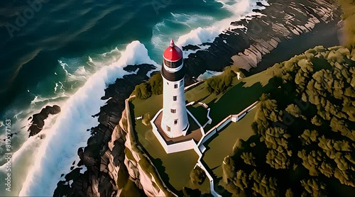 Aerial View of Lighthouse by the Ocean photo