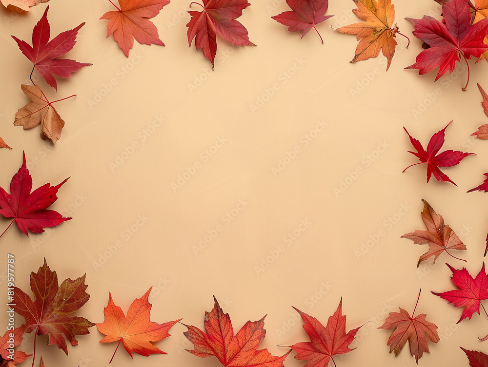 Abstrakter Herbstrahmenhintergrund. Farbige Ahorn-Herbstblätter vor hellbraunem Hintergrund Abstrakter Herbstrahmenhintergrund. Farbige Ahorn-Herbstblätter vor hellbraunem Hintergrund