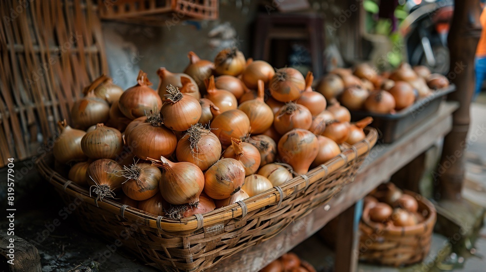 Macro shot of layered fresh onion with outer layers intact in a woven container, Asian country Macro shot of layered fresh onion with outer layers intact in a woven container, Asian country