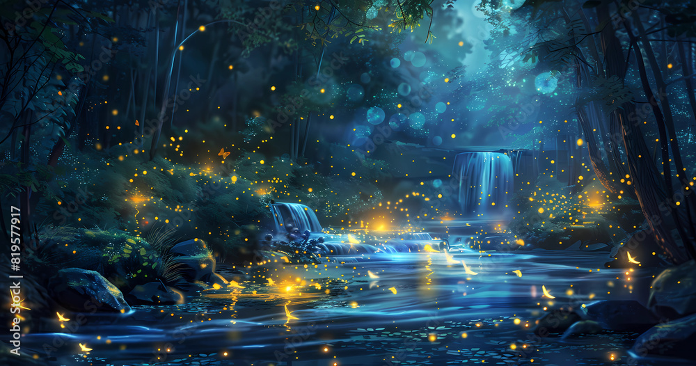 A fantasy forest with glowing fireflies, where the river flows through it and has waterfalls A fantasy forest with glowing fireflies, where the river flows through it and has waterfalls