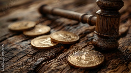 Cryptocurrency regulations, illegal use of Bitcoin, legal implications of cryptocurrency, hammer and Bitcoin logos on wooden surface with room for copyright.