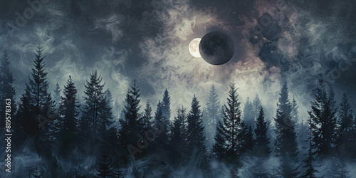 Rare mysterious natural phenomenon concept. Total solar eclipse above forest at night time. The dark silhouette of the moon obscures the sun silhouette photo