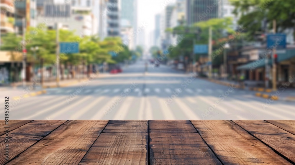 Blank wooden surface with out-of-focus cityscape in the backdrop, providing room for showcasing promotional merchandise. Blank wooden surface with out-of-focus cityscape in the backdrop, providing room for showcasing promotional merchandise.