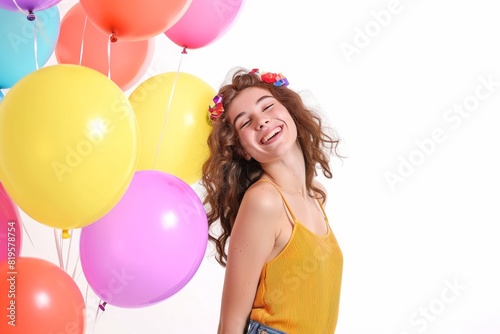 Pretty woman poses with a vibrant bouquet of balloons  radiating joy and celebration  Embracing festivity  she adds a playful and cheerful touch to the scene