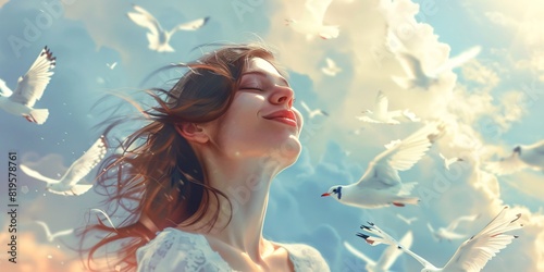 A complete depiction of a joyful female with closed eyes soaring amidst white avian creatures in a cloudy atmosphere. photo