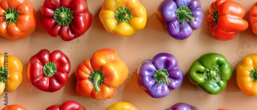 Colorful variety of fresh bell peppers in vibrant red, yellow, orange, green, and purple hues, arranged in a neat pattern against a neutral background.