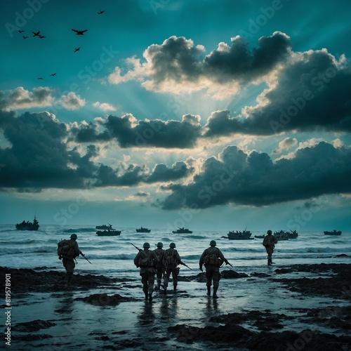  Remembering the heroes of D-Day. Background  A turquoise sky with a silhouette of soldiers.
