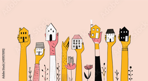 Hands holding up different small houses. real estate hand drawn style illustration