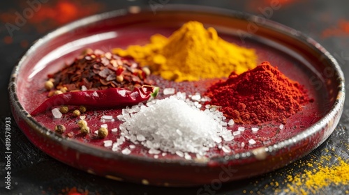 Spices - red pepper, ground coriander, salt and turmeric on a red plate, close-up