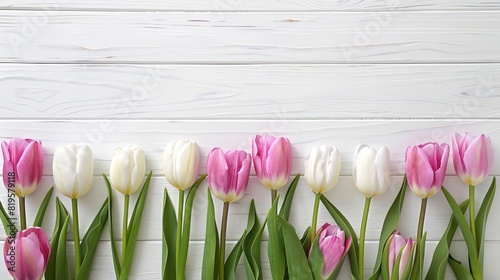 A bright, high-angle view of pink and white tulips arranged neatly on a white painted wood background creating a fresh springtime theme #819579118
