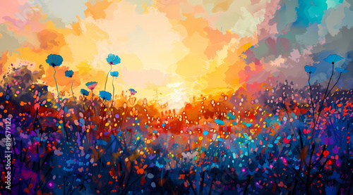 Beautiful colorful wildflower field with sunset sky, vector illustration