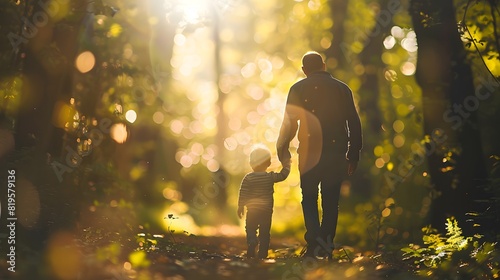 Father and son walking through a sun-dappled forest, Father's day, love, care and parenthood background photo