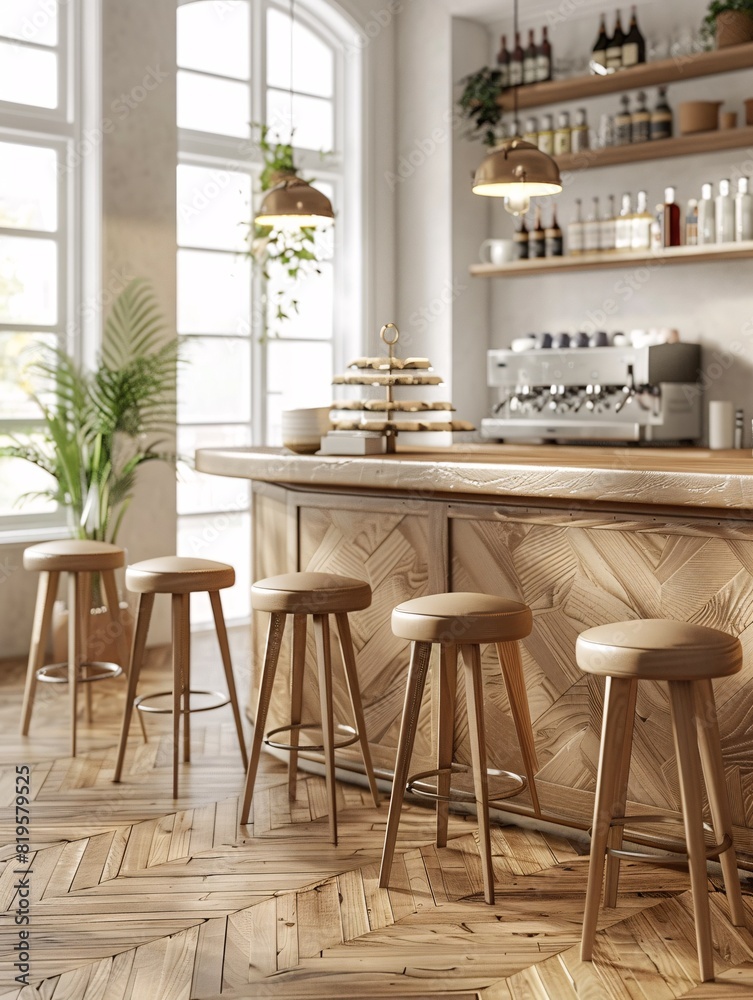 Contemporary coffee shop design featuring wooden accents, a bar, and seating, with a herringbone patterned floor, on a bright and open backdrop, emphasizing a warm and welcoming atmosphere. Contemporary coffee shop design featuring wooden accents, a bar, and seating, with a herringbone patterned floor, on a bright and open backdrop, emphasizing a warm and welcoming atmosphere.
