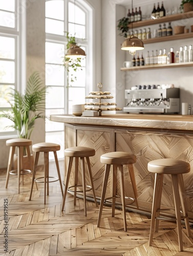 Contemporary coffee shop design featuring wooden accents  a bar  and seating  with a herringbone patterned floor  on a bright and open backdrop  emphasizing a warm and welcoming atmosphere.