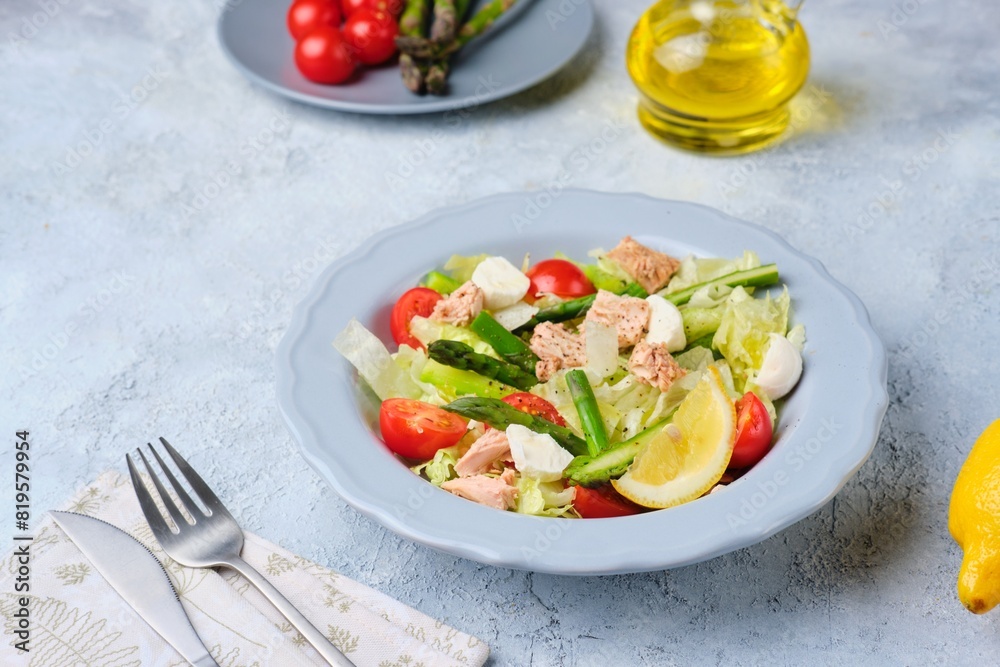 Salad with asparagus, canned tuna, tomatoes and mozzarella cheese on a ceramic plate on a light concrete background. Healthy eating, lifestyle. Salad with asparagus, canned tuna, tomatoes and mozzarella cheese on a ceramic plate on a light concrete background. Healthy eating, lifestyle.