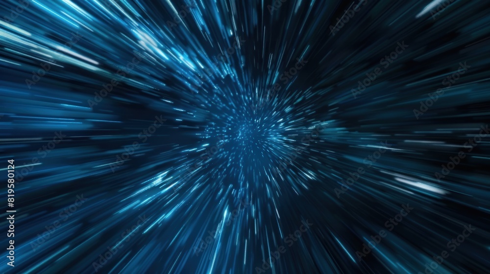 A digital illustration depicting a sci-fi concept of a hyperspace or warp tunnel with blue light streaks zooming past A digital illustration depicting a sci-fi concept of a hyperspace or warp tunnel with blue light streaks zooming past