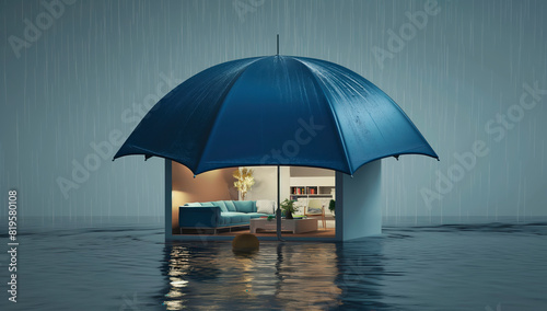 Wallpaper Mural A house under a large umbrella in a rainy environment, water around it, concept of property protection and insurance.  Generative AI Torontodigital.ca
