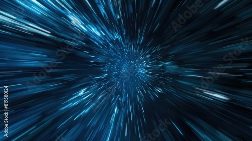 A digital illustration depicting a sci-fi concept of a hyperspace or warp tunnel with blue light streaks zooming past