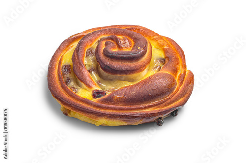 Raisin Danish pastry isolated or pain aux raisins spiral buns with raisins and custard, or escargot in white background, with clipping path
