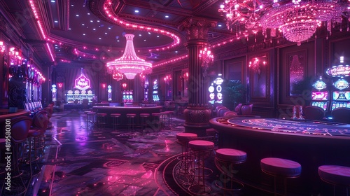 Neon lit casino interior with poker tables slot machines and vibrant nightlife atmosphere