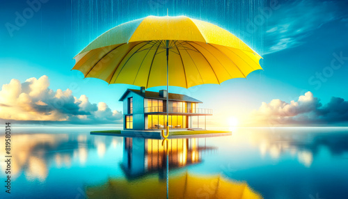 Large yellow umbrella covering a modern house on water, with a sunset background. Concept of protection and insurance.  Generative AI