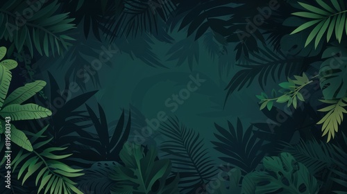 An illustration of various tropical leaves in dark green hues, creating a lush and dense jungle-like backdrop