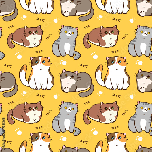 Seamless Pattern of Cute Cartoon Cat Design on Yellow Background © Supannee