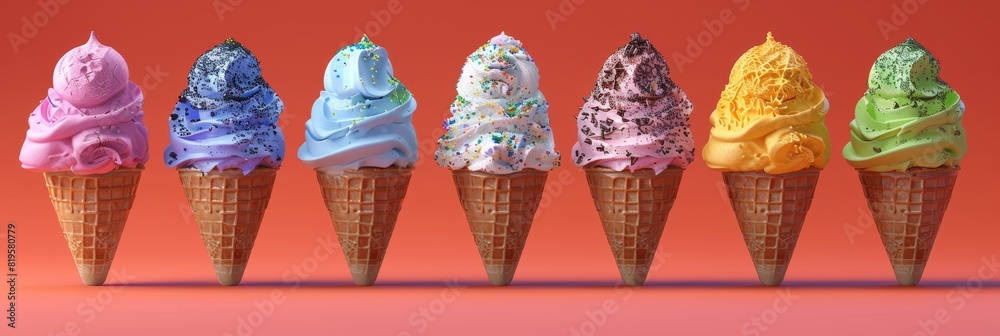 3D rendering of multicolored ice creams in waffle cones